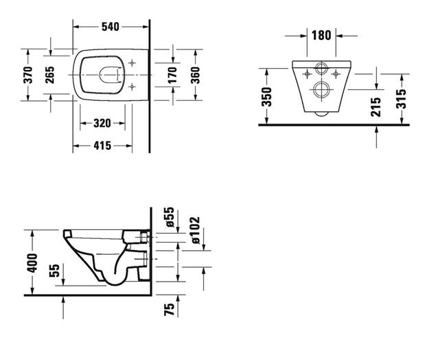 DURAVIT DURASTYLE závěsné WC 2536090000 Technický nákres