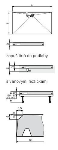 HÜPPE EASY STEP sprchová vanička 140x80 cm, litý mramor, bez nožiček 215110.055 Technický nákres