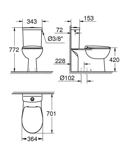 GROHE BAU CERAMIC WC kombi, se SoftClose sedátkem, Rimless splachování, spodní odpad, Dual-Flush, boční napouštění, alpská bílá 39346000 Technický nákres