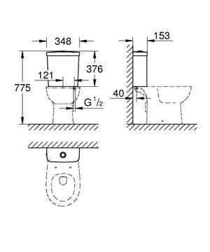 GROHE BAU CERAMIC WC kombi nádržka, spodní přívod vody, alpská bílá 39436000 Technický nákres