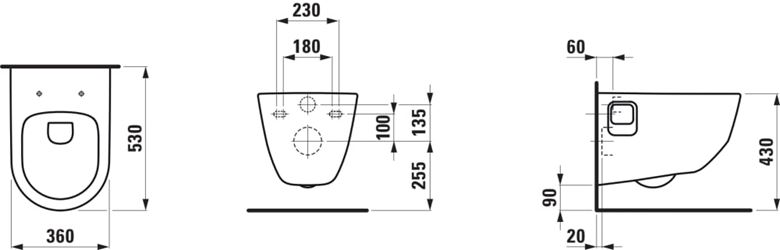 LAUFEN PRO závěsné WC, Rimless splachování, LCC H8209644000001 Technický nákres