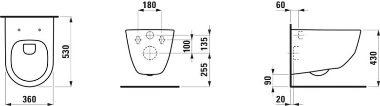 LAUFEN PRO závěsné WC, Rimless splachování H8209660000001 Technický nákres
