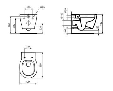IDEAL STANDARD CONNECT závěsné WC, Rimless, Ideal Plus, alpská bílá E8174MA Technický nákres