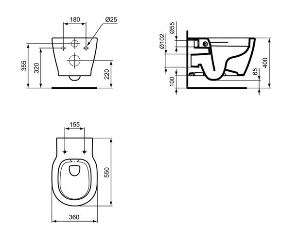 IDEAL STANDARD CONNECT závěsné WC, Rimless, Ideal Plus, alpská bílá E8174MA Technický nákres