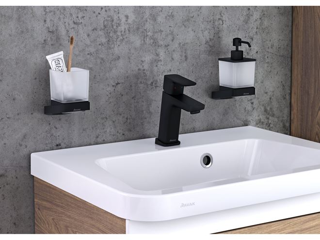 RAVAK 10° BLACK TD 210.20 držák kartáčků se sklenkou, nástěnný, sklo, černá X07P557 Obrázek - fotka