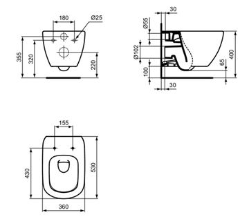 IDEAL STANDARD TESI závěsné WC, AquaBlade splachování, černá T0079V3 Technický nákres