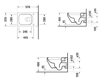 DURAVIT VERO AIR závěsné WC, Rimless splachování 2525090000 Technický nákres