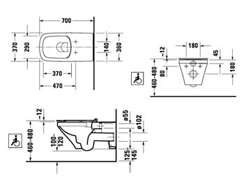 DURAVIT DURASTYLE bezbariérové závěsné WC, Rimless splachování 2559090000 Technický nákres