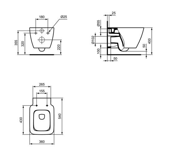 IDEAL STANDARD STRADA II závěsné WC, AquaBlade splachování T299701 Technický nákres