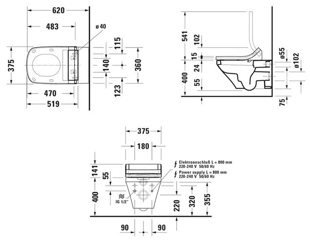 DURAVIT DURASTYLE závěsné WC pro bidetové sedátko SensoWash 2537590000 Technický nákres