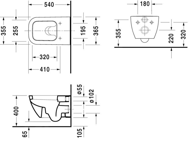 DURAVIT HAPPY D.2 závěsné WC 2221090000 Technický nákres