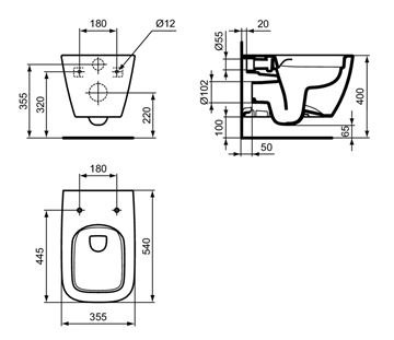 IDEAL STANDARD I.LIFE B závěsné WC, Rimless splachování T461401 Technický nákres