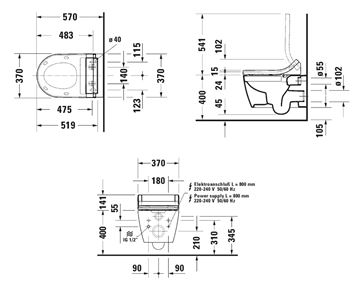 DURAVIT ME BY STARCK závěsné WC pro bidetové sedátko SensoWash, Rimless splachování 2529590000 Technický nákres