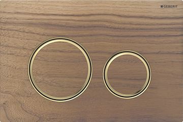 GEBERIT SIGMA 50 ROUND ovládací tlačítko pro dvě splachování, easy-to-clean, zinek/dřevo, mosaz/americký ořech
