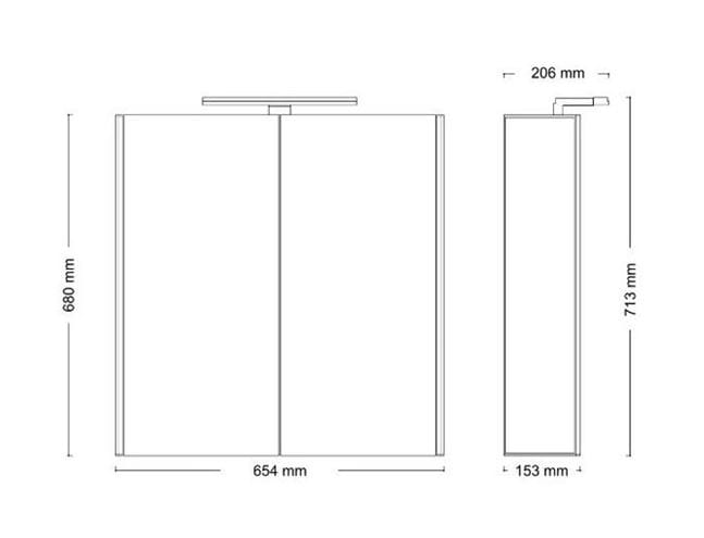 JOKEY DEKOR ALU LED zrcadlová skříňka 65,4x71,3x20,6 cm, osvětlení, s vypínačem a el. zásuvkou, hliník, zrcadlo 124512020-0122 Technický nákres