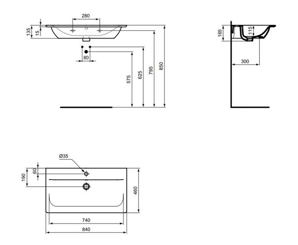 IDEAL STANDARD CONNECT AIR umyvadlo 84 cm, s otvorem pro baterii a přepadem, matná černá E0279V3 Technický nákres