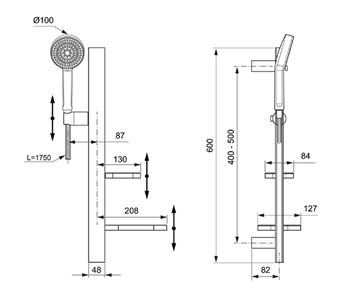 IDEAL STANDARD IDEALRAIN ALU+ sprchová souprava 5-dílná, ruční sprcha pr. 100 mm, 2 proudy, tyč, hadice, mýdlenka, polička, matná černá BD586XG Technický nákres
