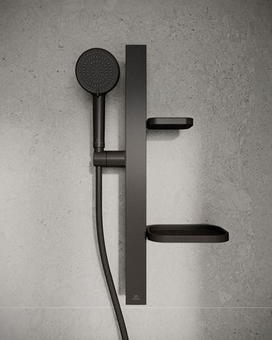 IDEAL STANDARD IDEALRAIN ALU+ sprchová souprava 5-dílná, ruční sprcha pr. 100 mm, 2 proudy, tyč, hadice, mýdlenka, polička, matná černá BD586XG Obrázek - fotka