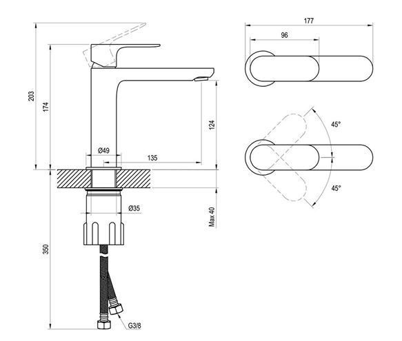 RAVAK ELEGANTA umyvadlová stojánková baterie, EcoFlow, matná bílá X070253 Technický nákres