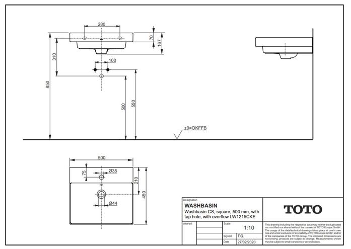 TOTO CS umyvadlo 50 cm, s otvorem pro baterii a přepadem LW1215CKE Technický nákres