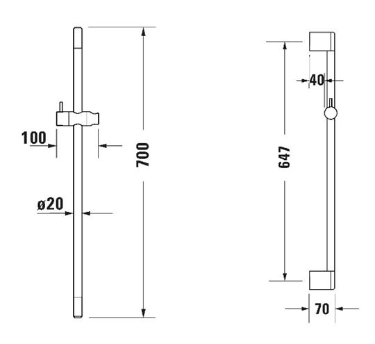 DURAVIT sprchová tyč 700 mm s držákem ruční sprchy, chrom UV0600003010 Technický nákres