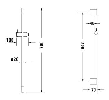 DURAVIT sprchová tyč 700 mm s držákem ruční sprchy, chrom UV0600003010 Technický nákres