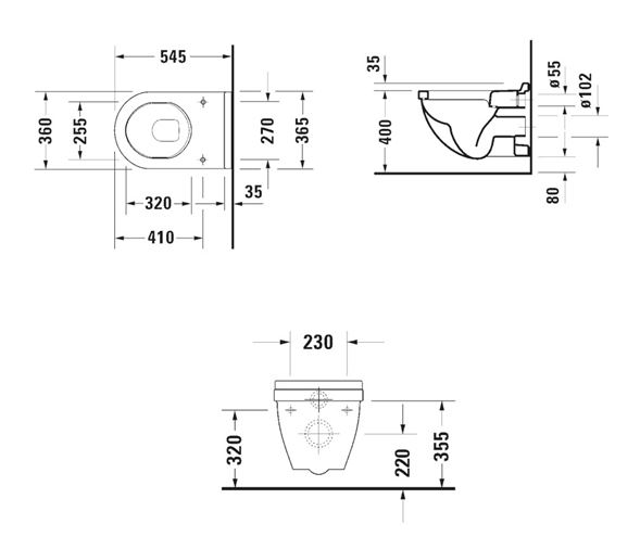 DURAVIT STARCK 3 závěsné WC 2206090000 Technický nákres