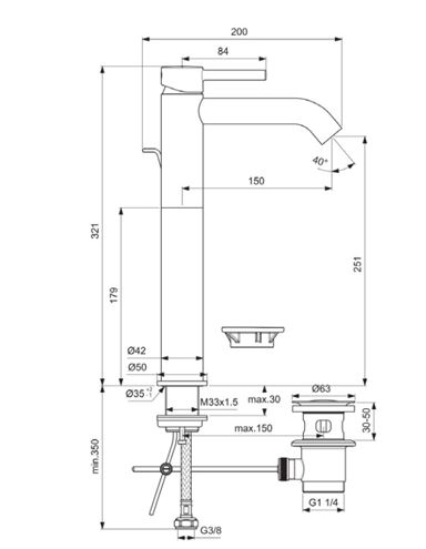 IDEAL STANDARD CERALINE umyvadlová stojánková baterie, s odtokovou soupravou, matná černá BC194XG Technický nákres
