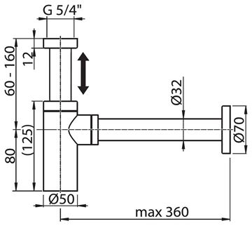 RAVAK designový sifon k umyvadlu DN32, s převlečnou maticí 5/4, kartáčovaný grafit X01834 Technický nákres