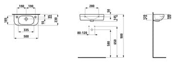 LAUFEN LUA umývátko 50 cm, s otvorem pro baterii vlevo, s přepadem H8150820001051 Technický nákres