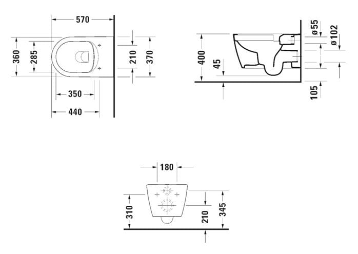 DURAVIT ME BY STARCK závěsné WC, Rimless splachování 2529090000 Technický nákres