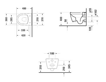 DURAVIT ME BY STARCK závěsné WC, Rimless splachování 2530090000 Technický nákres
