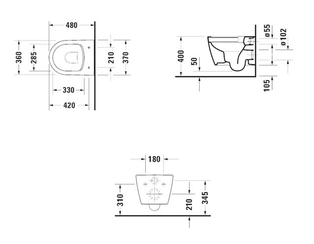 DURAVIT ME BY STARCK závěsné WC, Rimless splachování 2530090000 Technický nákres
