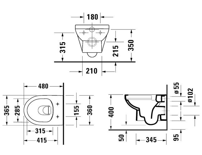 DURAVIT NO.1 závěsné WC, Rimless splachování 25750900002 Technický nákres