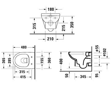 DURAVIT NO.1 závěsné WC, Rimless splachování 25750900002 Technický nákres