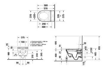 DURAVIT SENSOWASH D-NEO závěsné WC compact, s bidetovým SoftClose sedátkem, Rimless splachování, HygieneGlaze 654000012004300 Technický nákres