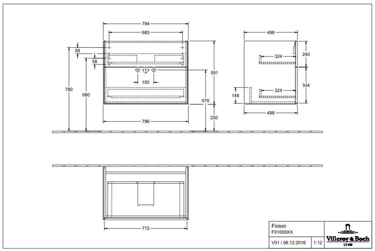 VILLEROY & BOCH FINION skříňka pod umyvadlo 79,6x49,8x59,1 cm, 2 zásuvky, Push-open, Glossy White Lacquer F01000GF Technický nákres