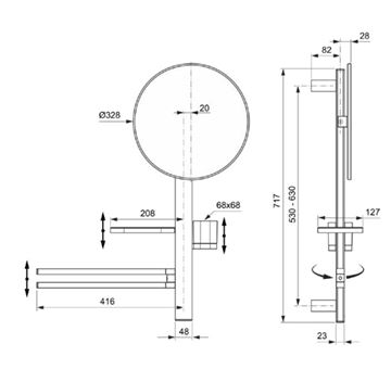 IDEAL STANDARD ALU+ kosmetické zrcadlo 328 mm, s koupelnovými doplňky, rosé BD588RO Technický nákres