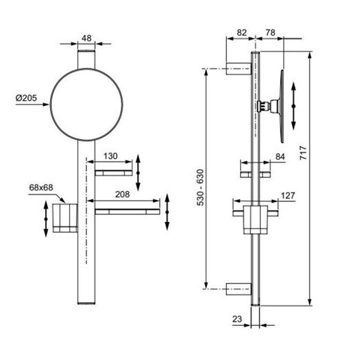 IDEAL STANDARD ALU+ kosmetické zrcadlo 205 mm, s koupelnovými doplňky, rosé BD589RO Technický nákres