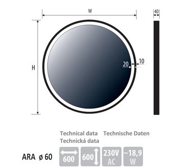 BEMETA ARA zrcadlo 60 cm, s osvětlením 198411081 Technický nákres