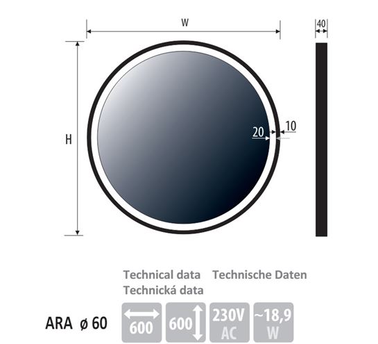 BEMETA ARA zrcadlo 60 cm, s osvětlením 198411081 Technický nákres