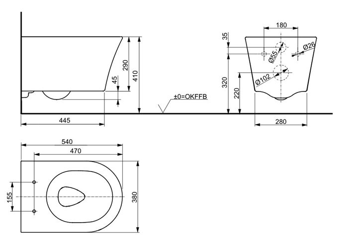 TOTO GP závěsné WC, Rimless splachování CW553Y Technický nákres