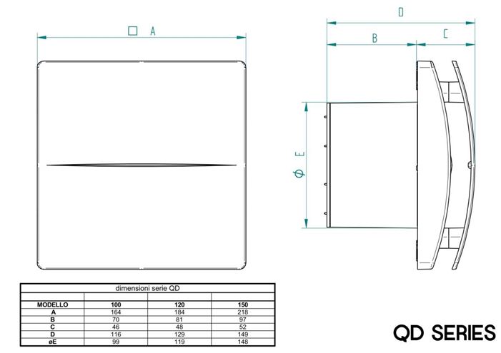 AERAULIQA QD100TBB axiální ventilátor 100 mm, nástěnný/stropní/do okna, s časovačem a zpětnou klapkou PQD0001Q Technický nákres