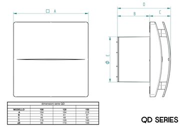 AERAULIQA QD100TBB axiální ventilátor 100 mm, nástěnný/stropní/do okna, s časovačem a zpětnou klapkou PQD0001Q Technický nákres