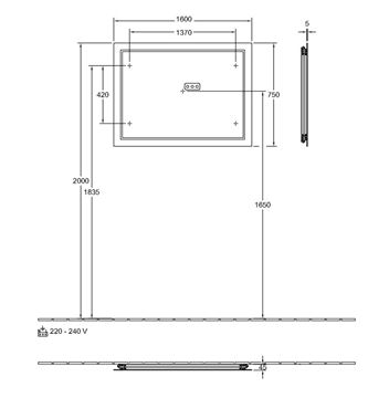 VILLEROY & BOCH FINION zrcadlo 160x75 cm, s osvětlením, s regulací teploty světla F6001600 Technický nákres