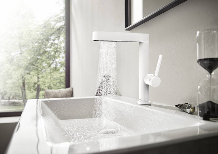 HANSGROHE FINORIS umyvadlová stojánková baterie, s vytahovací sprškou a odtokovou soupravou, EcoSmart, matná bílá 76063700 Obrázek - fotka