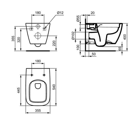 IDEAL STANDARD I.LIFE B závěsné WC, Rimless splachování, lesklá šedá T461458 Technický nákres