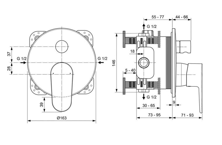 IDEAL STANDARD CERAFINE O vanová podomítková baterie, s přepínačem, chrom A7350AA Technický nákres