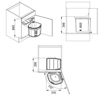 FRANKE SORTER MINI odpadkový koš na tříděný odpad 17,5 l, vestavný 121.0176.518 Technický nákres