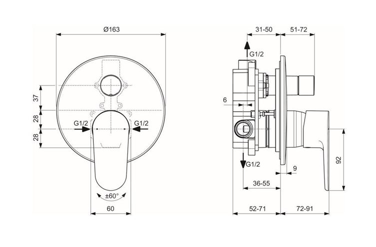 IDEAL STANDARD CERAFINE O vanová podomítková baterie, s přepínačem, s tělesem, rosé A7193RO Technický nákres